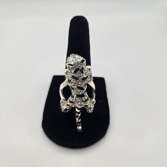 Silver-Plated Tiger Panther Jaguar Statement Ring Rhinestone Encrusted Size 7 - Picture 2 of 5